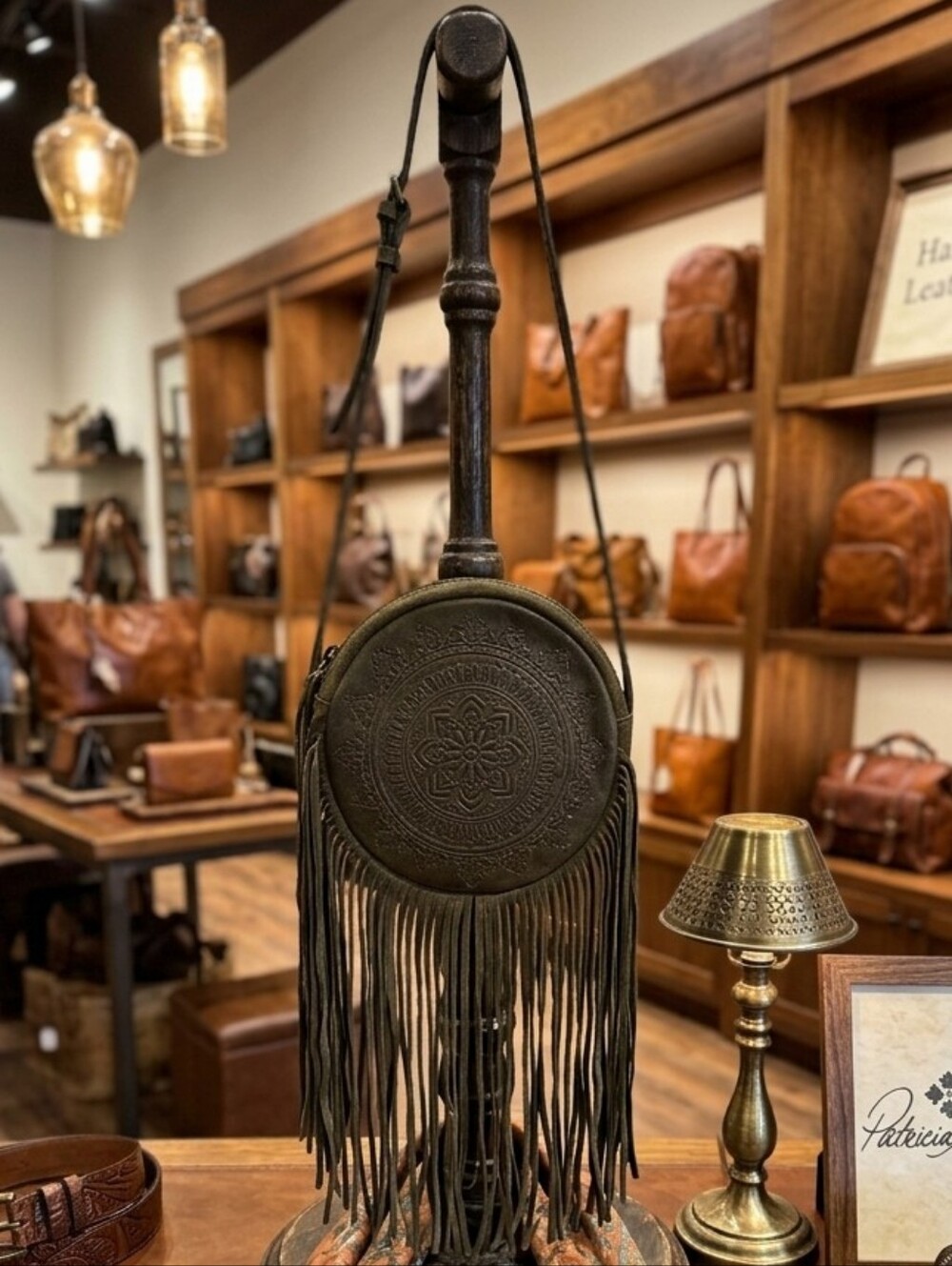 Patricia Nash Olive Green Round Fringed Crossbody Bag